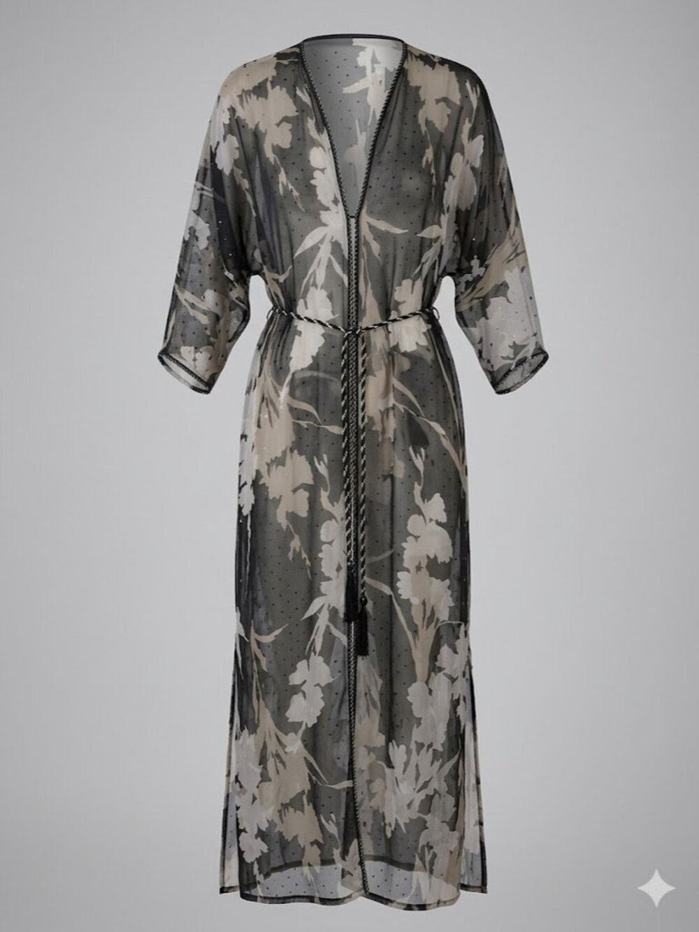 Ethereal Sheer Floral Maxi Robe - Bohemian Night Coat with Braided Belt Detail